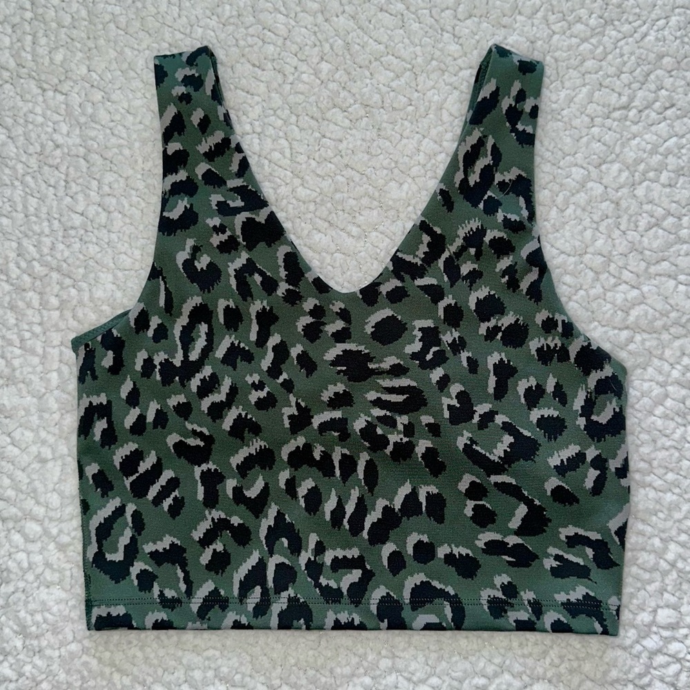 Aerie Offline Green Black Leopard Print Sports Bra Tank Top Jacquard V-Neck XS